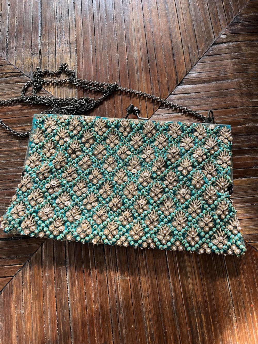 Beaded Turquoise and Gold Clutch with Chain Strap